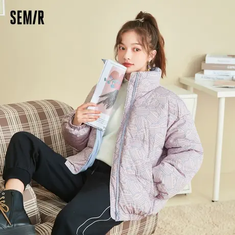 森马棉服女立领撞色满印2022年冬款oversize马卡龙厚棉衣趣味图片