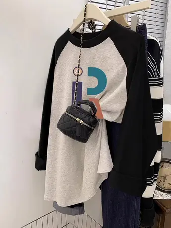 大码胖mm撞色设计感遮肉上衣女春季纯棉ins潮打底衫休闲风t恤长袖商品大图