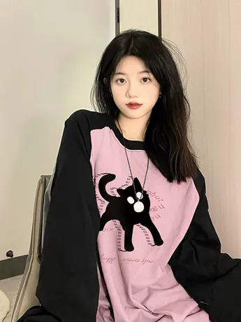 纯棉插肩拼色长袖t恤女秋季小众设计感宽松韩版ins圆领打底衫上衣商品大图