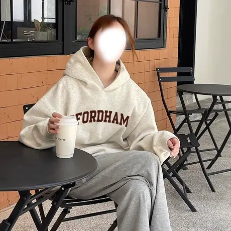 连帽灰色卫衣女秋冬加绒加厚美式复古宽松慵懒风高级感外套上衣潮图片