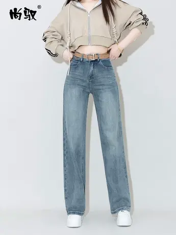 蓝色弹力高腰·牛仔直筒裤2024年春季新款显高显瘦拖地裤百搭女裤图片