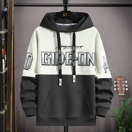 撞色拼接卫衣男春秋款字母印花连帽外套男装潮牌青少年运动套头衫图片