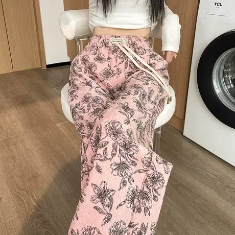 国风印花阔腿裤女春秋高腰宽松显瘦垂感休闲垂感民族风直筒拖地裤图片