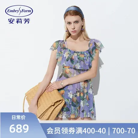 安莉芳印花一字肩荷叶边分体泳衣女士遮肉美背泳装两件套ES00122商品大图