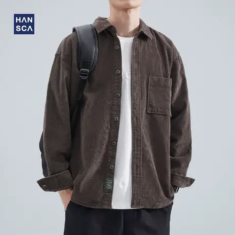 hansca衬衫男长袖秋季纯色翻领日系复古休闲重磅水洗灯芯绒外套潮商品大图