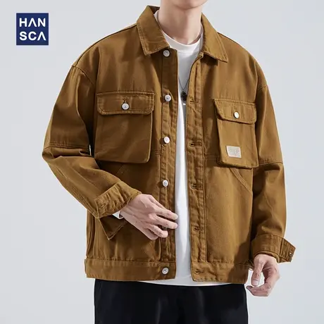 hansca日系工装大口袋夹克男秋季纯棉宽松翻领复古潮流休闲外套男商品大图