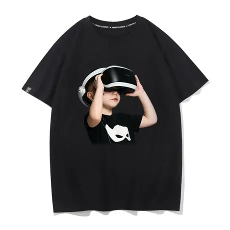 2022年夏季新款复古VR人像印花黑色短袖t恤宽松纯棉百搭圆领体恤商品大图
