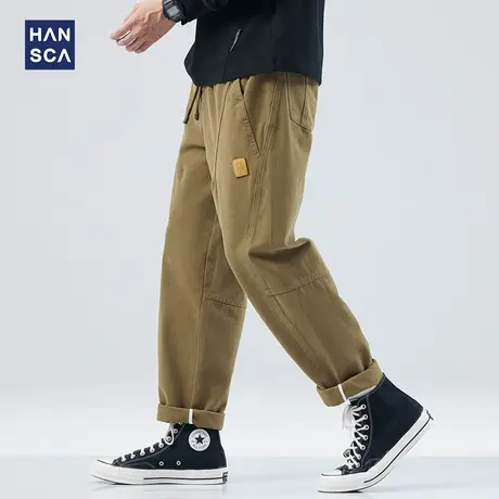 hansca重磅纯棉休闲裤男款2023秋季潮牌拼接宽松复古直筒工装裤子商品大图