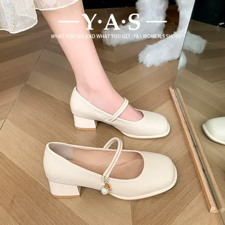 法式玛丽珍鞋女白色春季新款时尚高跟鞋不累脚粗跟复古气质女单鞋图片