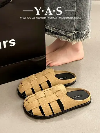 时尚包头拖鞋女外穿2024夏孕妇平底透气编织凉拖懒人一脚蹬穆勒潮商品大图