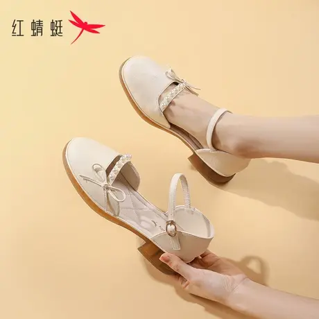红蜻蜓包头凉鞋女2023新款低跟珍珠蝴蝶结单鞋夏季百搭玛丽珍鞋潮商品大图