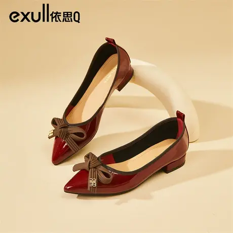 依思q平底鞋女单鞋2024新款春秋浅口尖头气质漆皮红色瓢鞋蝴蝶结商品大图