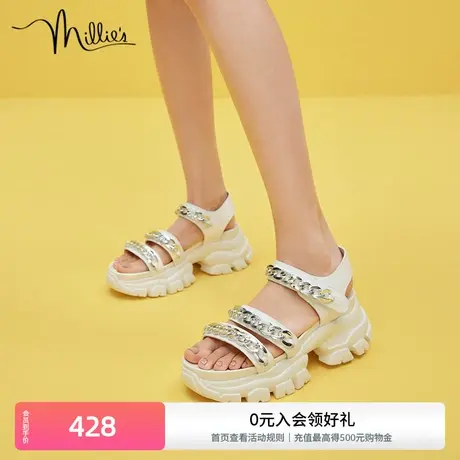 millie's/妙丽新款时尚牛皮潮酷链条休闲运动厚底女凉鞋576-1BL2商品大图