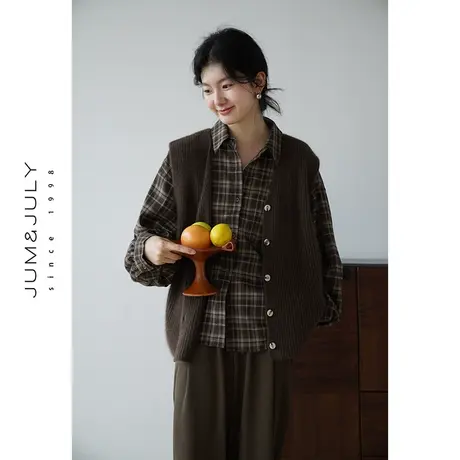 嘉茱莉2023秋季新款浣熊绒针织马甲开衫外套女V领无袖背心上衣商品大图