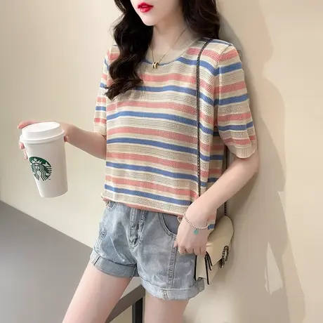 冰丝针织t恤女士短袖2023年新款夏季条纹圆领镂空打底衫上衣薄款商品大图