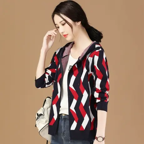 韩潮袭人连帽条纹撞色针织开衫宽松2023年新款秋季长袖士毛衣外套图片