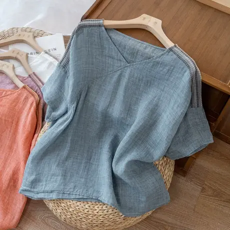 短袖苎麻上衣刺绣宽松文艺复古棉麻小衫别致设计夏天薄款2022新款图片