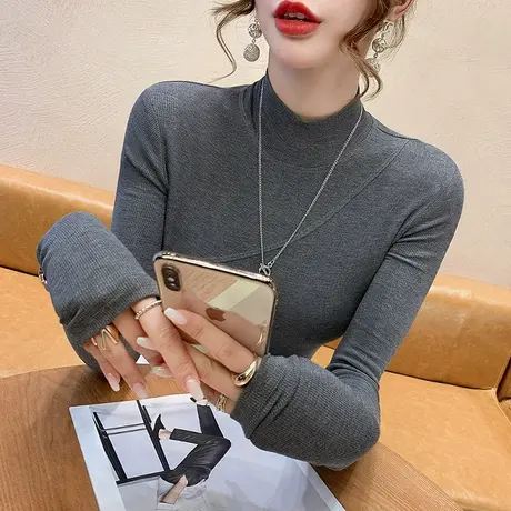 欧货半高领打底衫女秋冬2023新款内搭磨毛加厚上衣修身T恤长袖ins商品大图