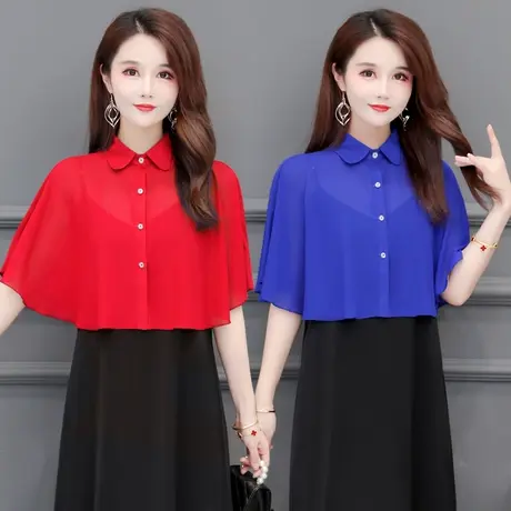 夏季衬衫领雪纺防晒斗篷披肩薄款宽松配裙子外搭短外套罩衫上衣女商品大图