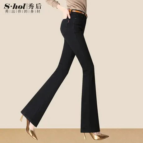 黑色微喇牛仔裤女春秋款加绒高腰显瘦喇叭裤大码胖MM中年妈妈裤子图片