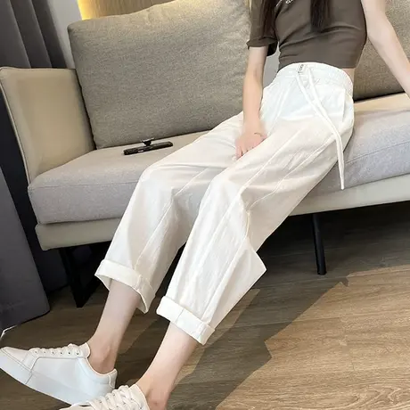 白色阔腿裤女九分小个子2023夏季薄款高腰宽松显瘦百搭休闲直筒裤商品大图