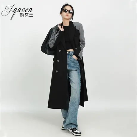 黑色拼接西装外套女2023年秋季新款复古高级感气质时尚中长款大衣图片