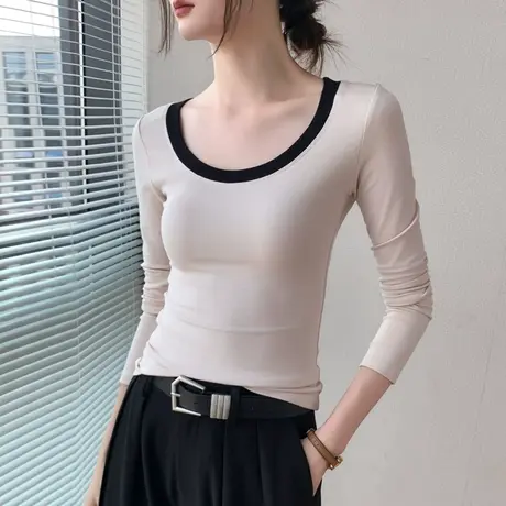 撞色拼接大圆领长袖T恤女装2023奶系穿搭早秋新品上衣修身打底衫图片