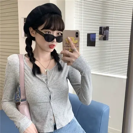 纯欲风针织背心两件套女2023夏修身轻熟风辣妹轻欧美薄开衫上衣潮商品大图