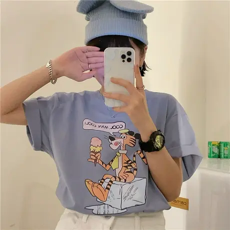 红续卡通可爱2023早春新款小个子百搭宽松纯棉短袖T恤上衣ins女商品大图