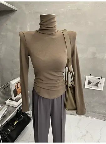 加厚加绒～软糯高领打底衫女长袖T恤修身纯色圆弧上衣秋冬新2022商品大图