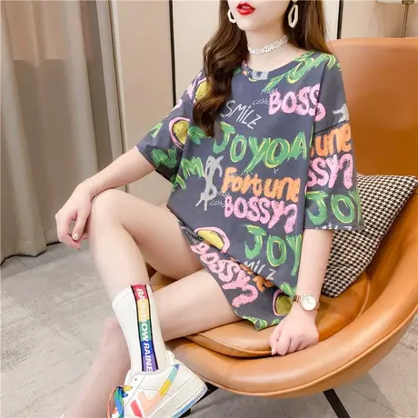 半袖中长款大版宽松t恤女t桖短袖夏季2023年新款大码上衣服ins潮商品大图