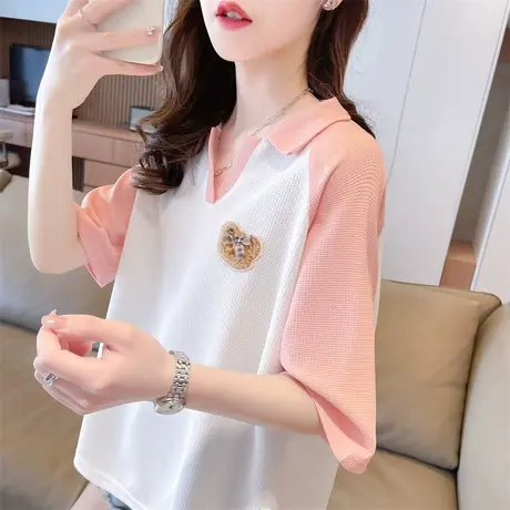 小众设计感v领短袖t恤女夏季韩版宽松大码小个子撞色polo领上衣服商品大图