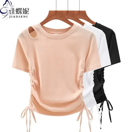 夏季新款韩版圆领露肩修身抽绳纯棉纯色短袖体恤上衣内搭女打底衫商品大图