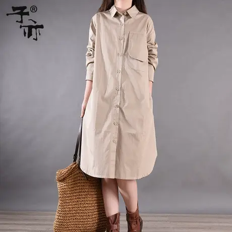 子亦2023早秋新款纯色衬衫裙 韩版单排扣不规则长袖宽松衬衫图片