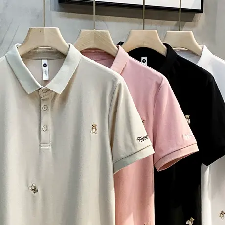 夏季短袖冰丝polo衫男简约港风潮牌小熊刺绣小日系翻领短袖T恤男商品大图