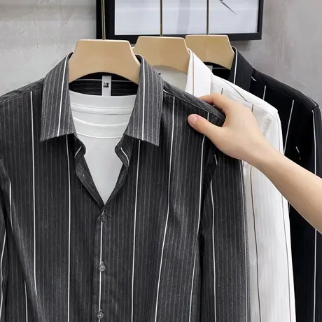 条纹衬衫男短袖长袖轻奢高级感男士商务休闲上班潮流休闲新款衬衣商品大图