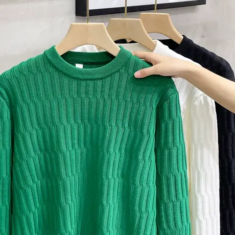 提花条纹针法秋冬季韩版简约套头白色毛衣男士长袖打底针织衫男装商品大图