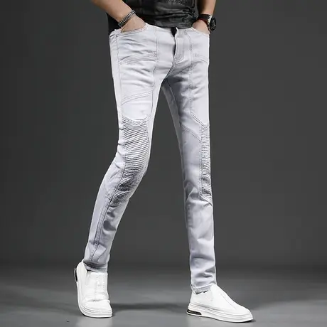 美式机车牛仔裤男春季新款2023薄款修身小脚弹力潮流男士潮牌裤子商品大图