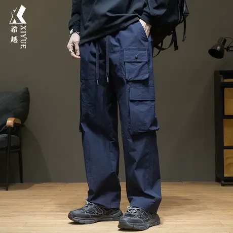 秋冬深蓝色工装裤男多口袋拼接秋季休闲长裤子宽松大码胖子直筒裤商品大图
