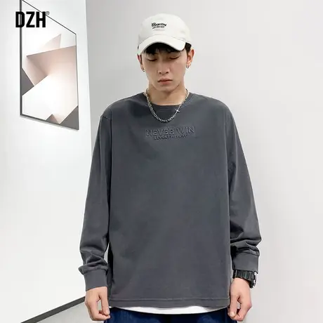 男士灰色长袖t恤男纯棉潮牌男装2023新款打底体恤圆领卫衣春秋款商品大图