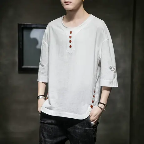 中国风短袖男亚麻潮流显瘦胖子大码五分袖薄款时尚复古棉麻t恤潮图片