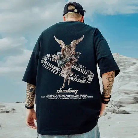 2023重磅潮牌宽松体T恤美式短袖五分袖纯棉国潮大码男款夏季半袖商品大图