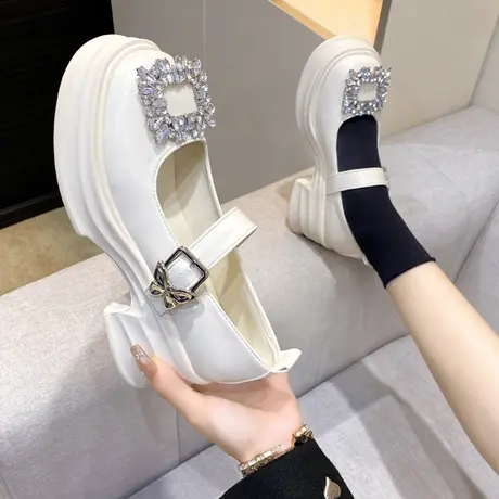 复古玛丽珍单鞋女2023年夏季新款时尚百搭水钻方扣浅口厚底小皮鞋商品大图