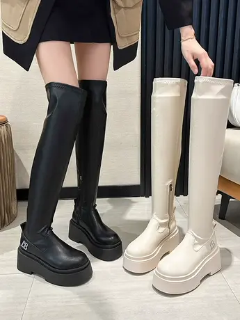 靴子秋款女弹力瘦瘦靴厚底增高小个子长筒靴不过膝辣妹高筒骑士靴商品大图