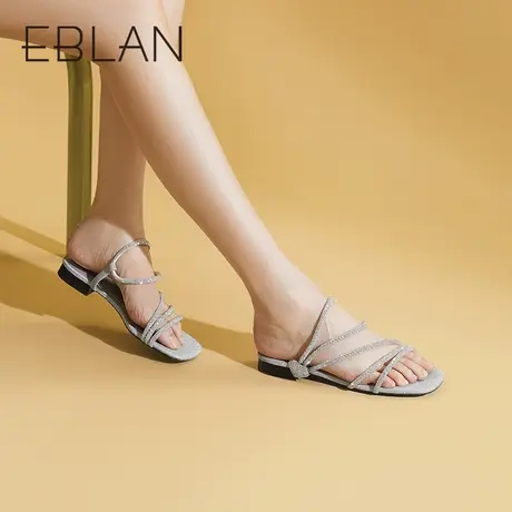 千百度伊伴夏款女鞋钻带方头真皮低跟法式小凉鞋舒适露趾外穿凉拖商品大图