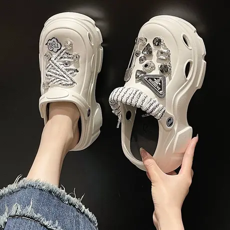 外穿洞洞鞋夏季网红时尚绑带水钻厚底增高跟防滑两穿包头凉拖鞋女商品大图