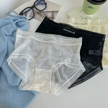 3条浪漫飘飞蕾丝内裤女性感网纱春夏薄款透气日系少女蚕丝裆中腰商品大图