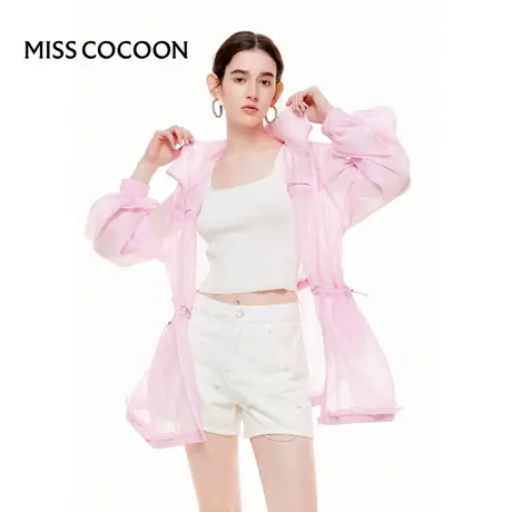 可可尼COCOON2025夏季新款木耳边肌理感连帽灯笼袖温柔浅粉色外套图片