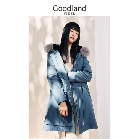 Goodland美地女装冬季通勤中长款狐狸毛领设计感水貂毛皮派克服商品大图