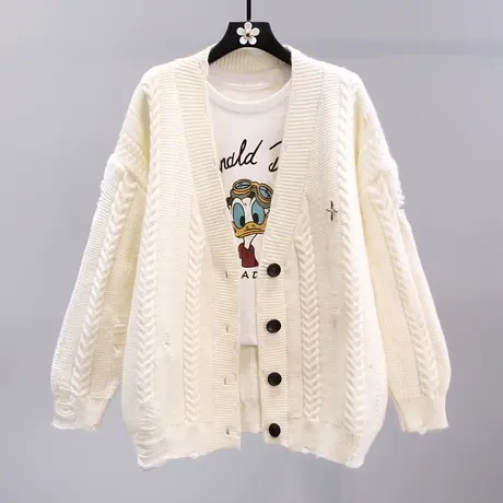 复古麻花毛衣外套女秋冬2023新款宽松慵懒风时尚破洞V领针织开衫商品大图